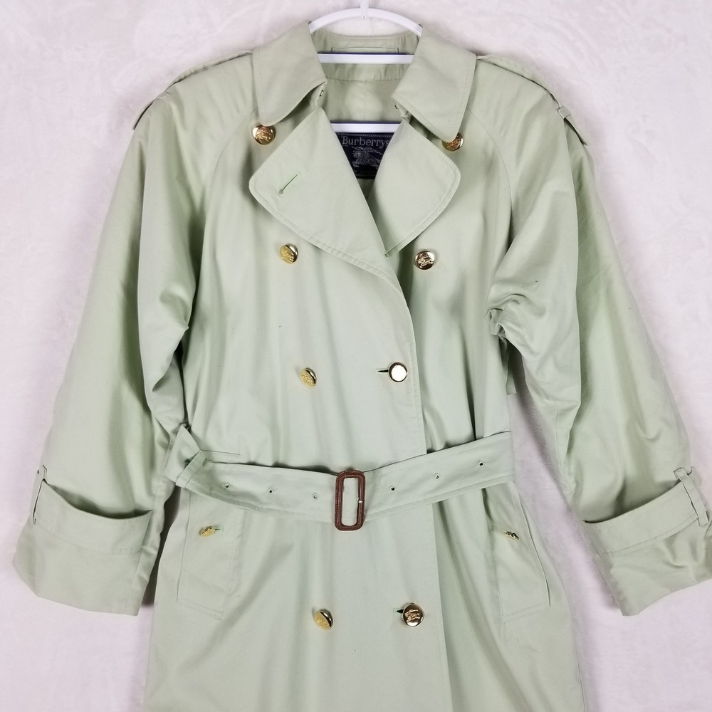 Burberrys Trench Coat Womens 4 X-Long Sage Green Gold Crest Button Belted Vtg - Picture 2 of 13
